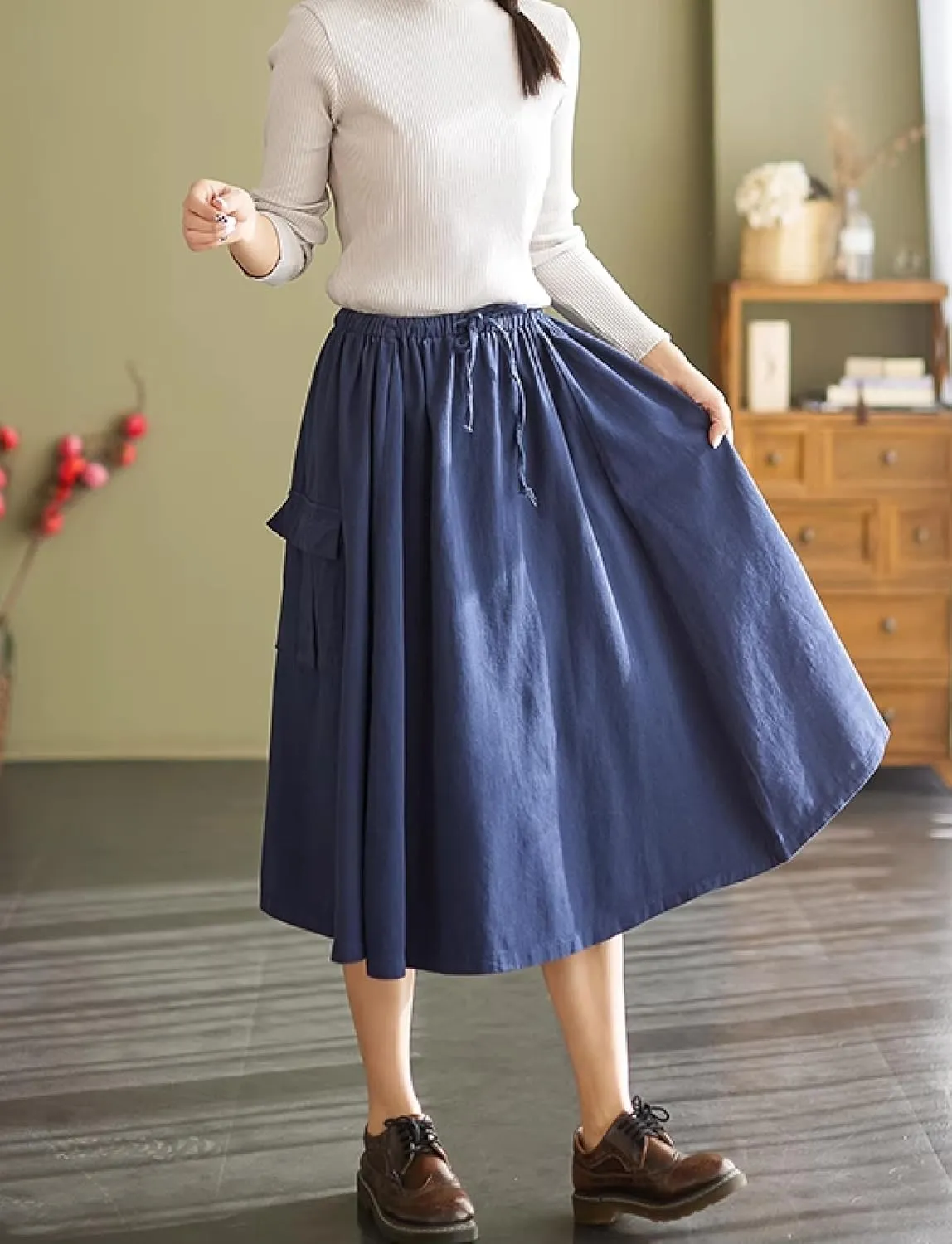 Cargo Maxi Skirt Women's Casual Elastic Waist Pleated A-Line Knee Length Skirt with Pocket for Work & Daily