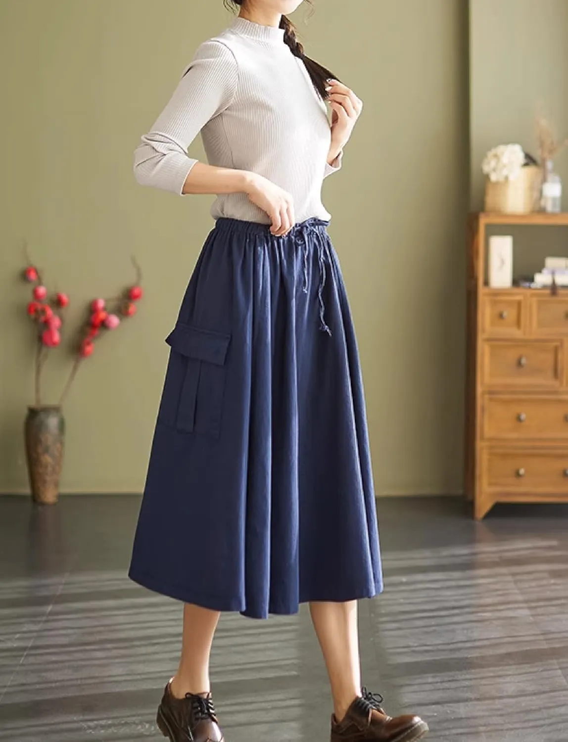 Cargo Maxi Skirt Women's Casual Elastic Waist Pleated A-Line Knee Length Skirt with Pocket for Work & Daily