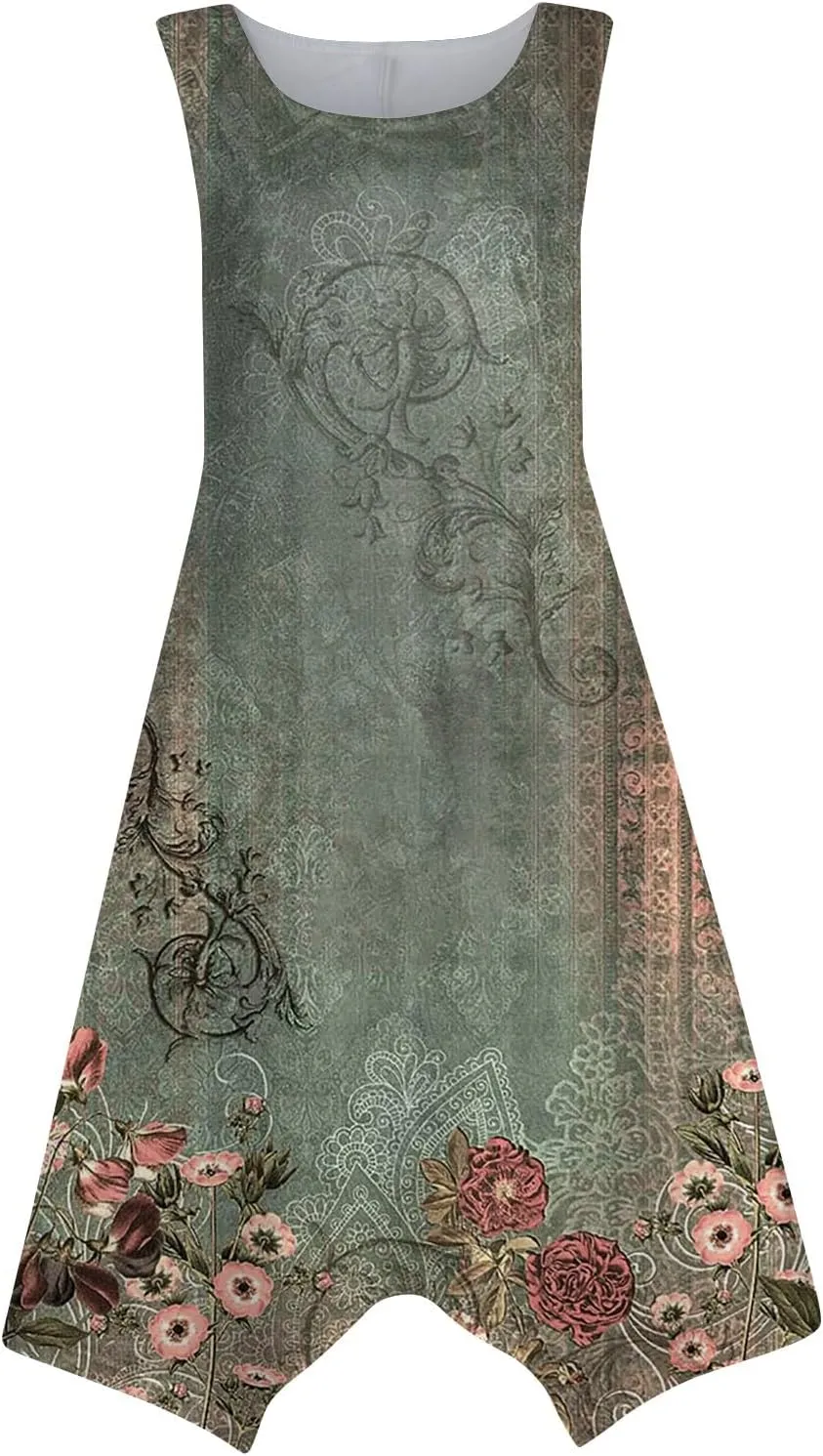 Casual Summer Dresses for Women 2024 Vacation Sleeveless Sundress Midi Loose Hankerchief Hem Beach Dress Tank Dress