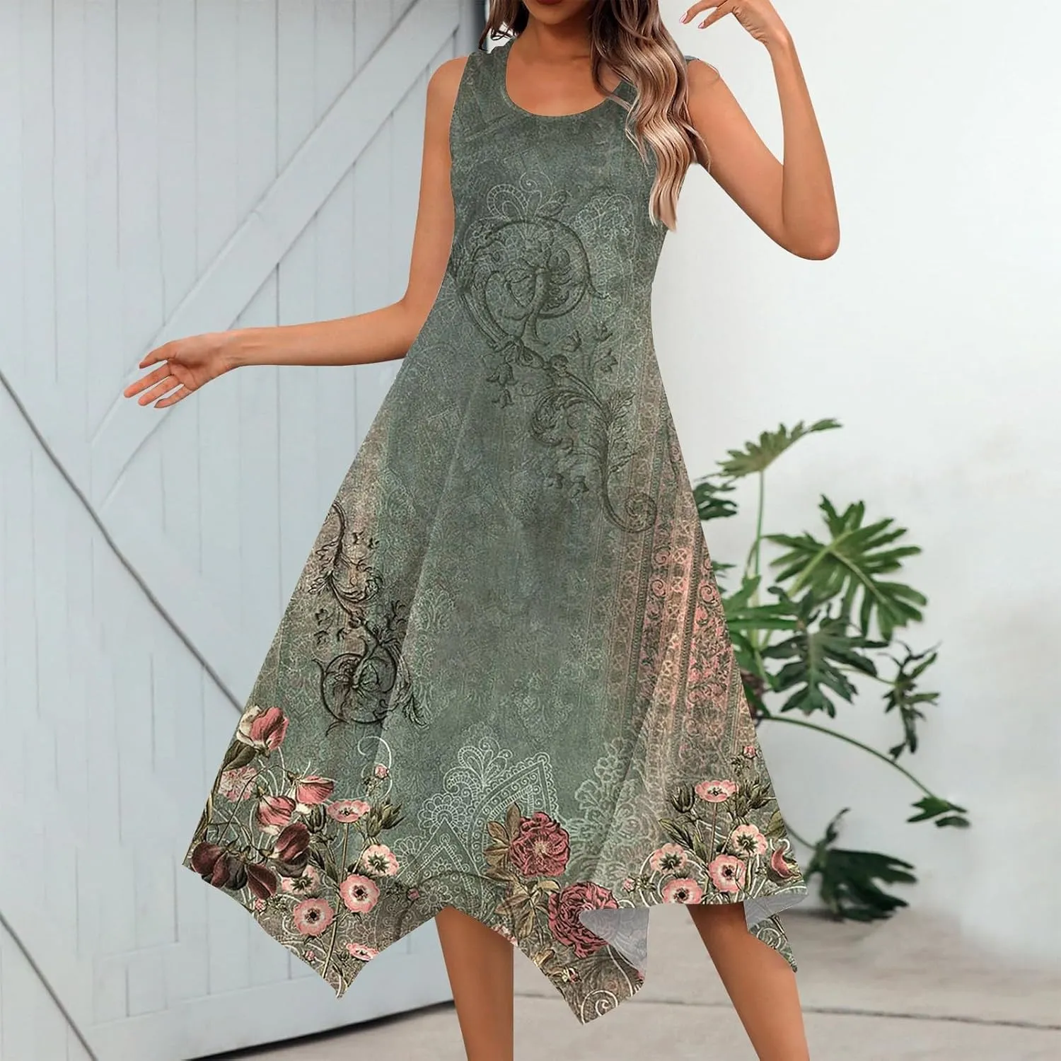 Casual Summer Dresses for Women 2024 Vacation Sleeveless Sundress Midi Loose Hankerchief Hem Beach Dress Tank Dress
