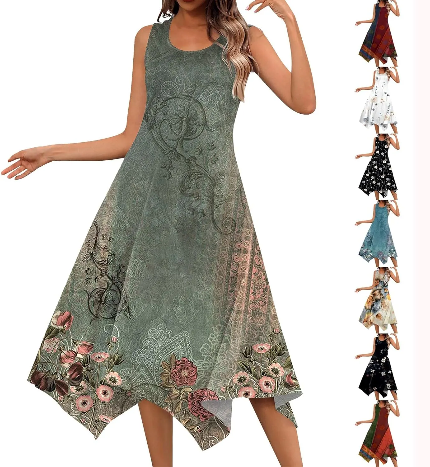 Casual Summer Dresses for Women 2024 Vacation Sleeveless Sundress Midi Loose Hankerchief Hem Beach Dress Tank Dress