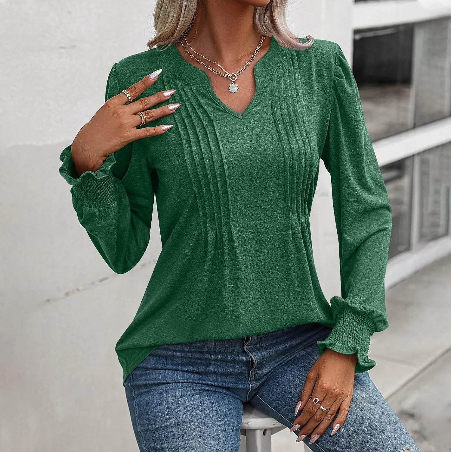 Casual Tunic Tops Women's Loose V Neck Ruffle Long Lantern Sleeve Blouse Solid Color Front Pleated Tee Shirt Fall