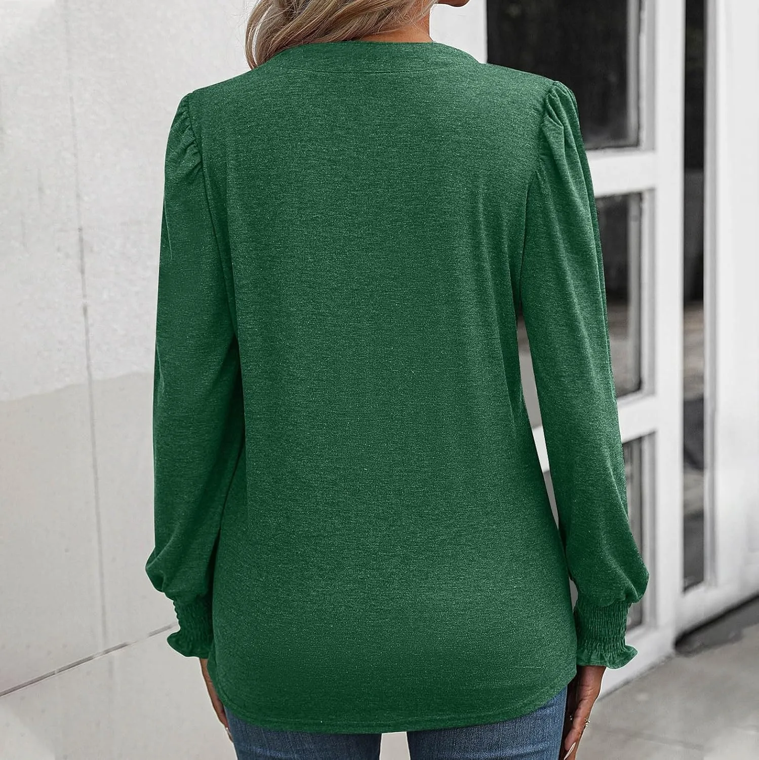 Casual Tunic Tops Women's Loose V Neck Ruffle Long Lantern Sleeve Blouse Solid Color Front Pleated Tee Shirt Fall