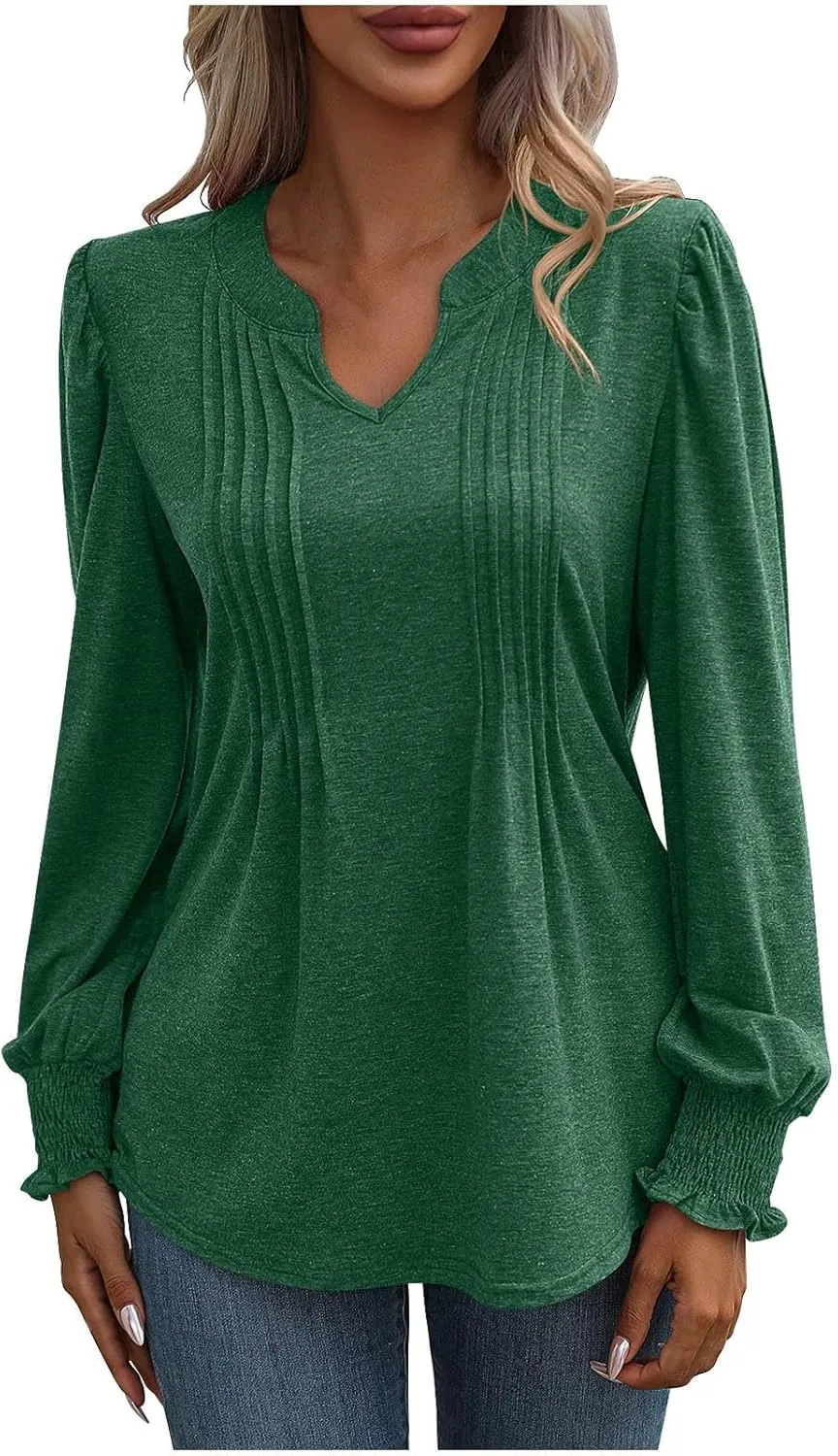Casual Tunic Tops Women's Loose V Neck Ruffle Long Lantern Sleeve Blouse Solid Color Front Pleated Tee Shirt Fall