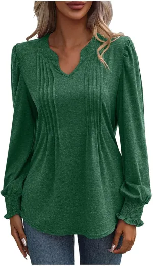 Casual Tunic Tops Women's Loose V Neck Ruffle Long Lantern Sleeve Blouse Solid Color Front Pleated Tee Shirt Fall