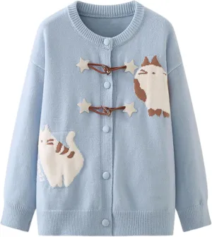 Cat Sweaters for Women Japanese Casual Kawaii Fun Patterned Cardigan Crew Neck Button Up Cozy Knit Coats