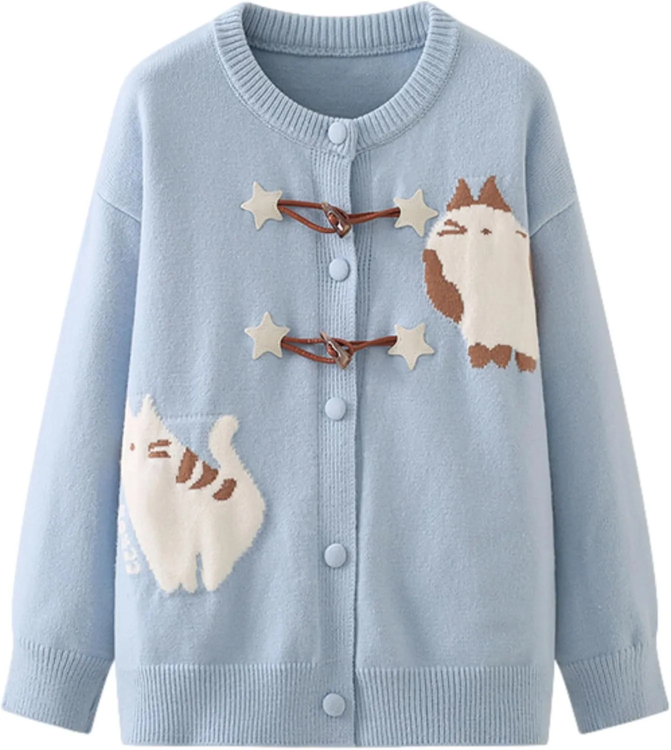 Cat Sweaters for Women Japanese Casual Kawaii Fun Patterned Cardigan Crew Neck Button Up Cozy Knit Coats