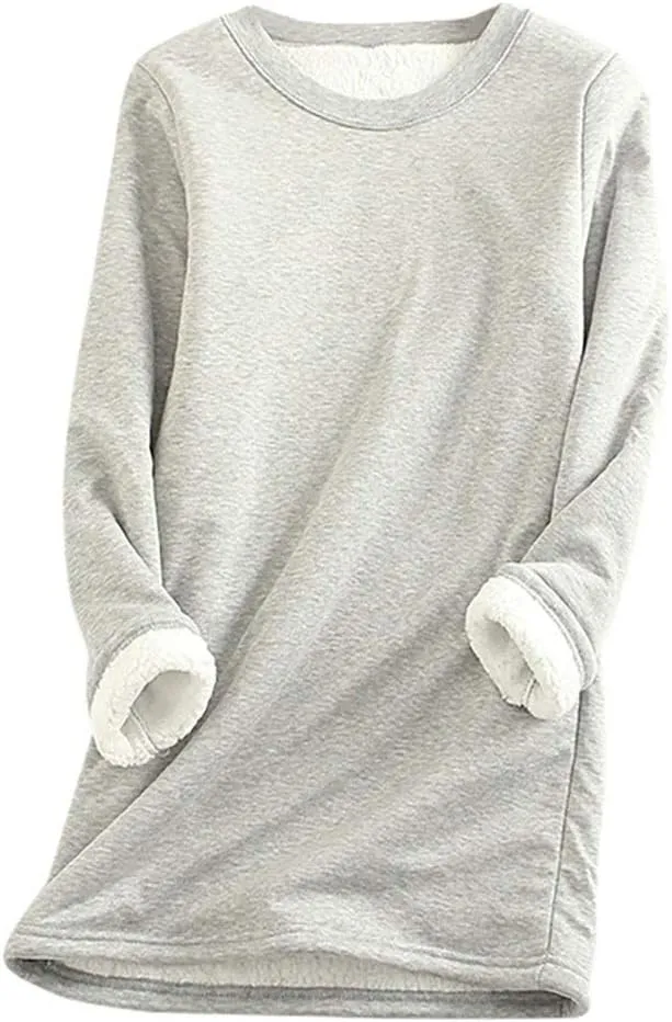 Ceboyel Womens Fleece Pullover Sweatshirt No Hood Shirts Sweater Sherpa Lined Tunic Sweatshirts Warm Winter Loungewear 2023