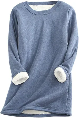 Ceboyel Womens Fleece Pullover Sweatshirt No Hood Shirts Sweater Sherpa Lined Tunic Sweatshirts Warm Winter Loungewear 2023