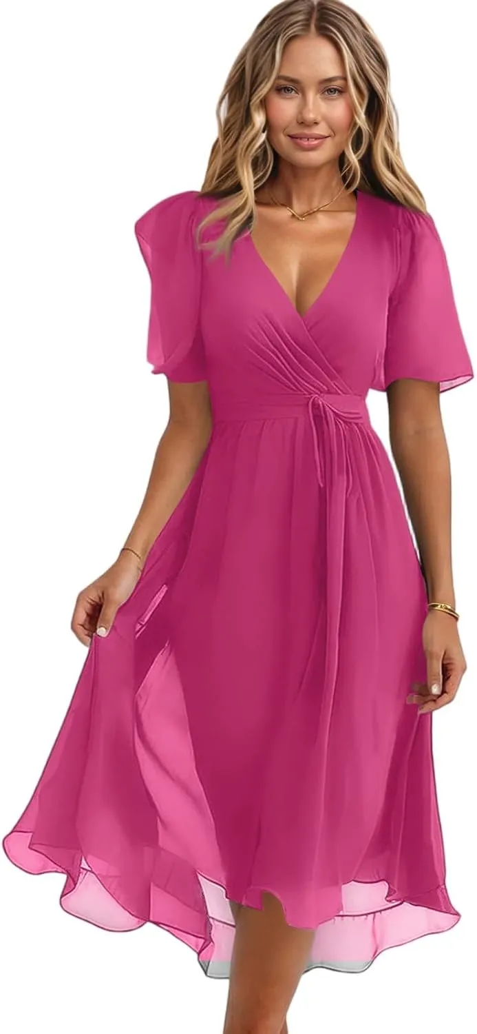Chiffon Dresses for Women,Flowy Wrap Wedding Guest Cocktail Prom Womens Spring Summer Dress Sexy Midi Dresses