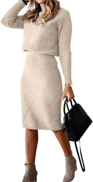 chouyatou Women's Casual 2 Piece Outfits Turtleneck Cable Knit Sweater and Bodycon Skirt Sets