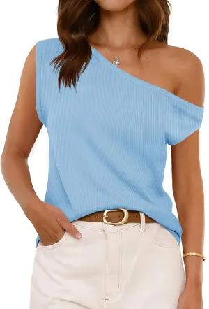 Cicy Bell Womens Off One Shoulder Tops Summer Ribbed Knit Tank Tops Trendy Casual Loose Fit Sleeveless Tee Shirts