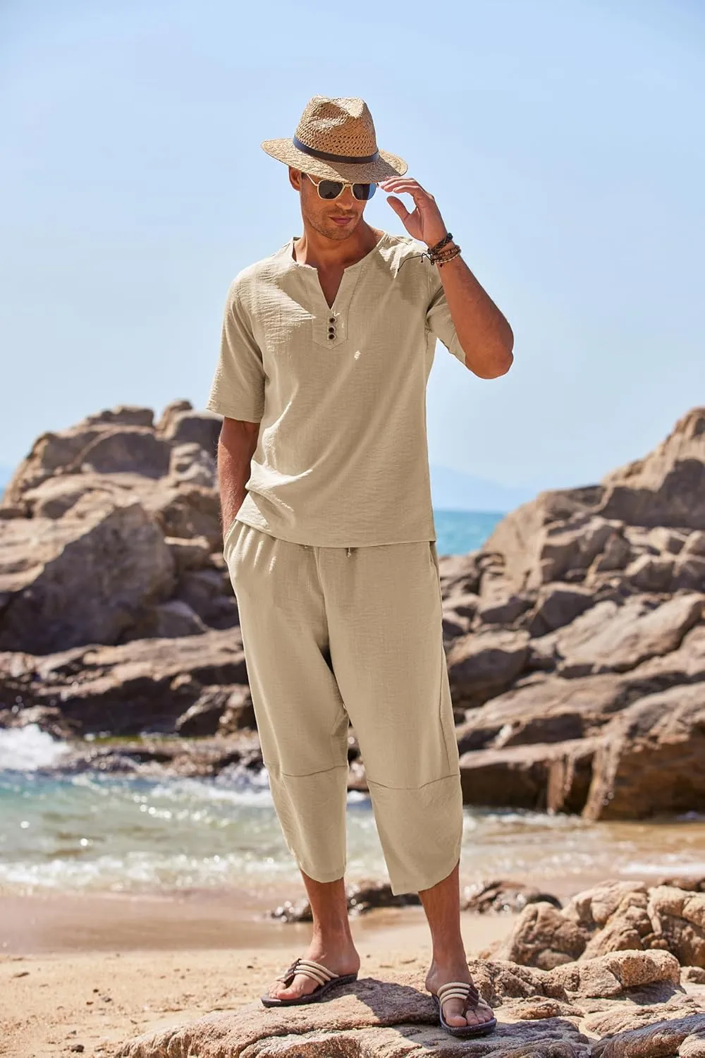 COOFANDY Men's 2 Pieces Linen Set Henley Shirt Short Sleeve and Harem Capri Pants Wide Leg Baggy Beach Yoga Trousers Outfits
