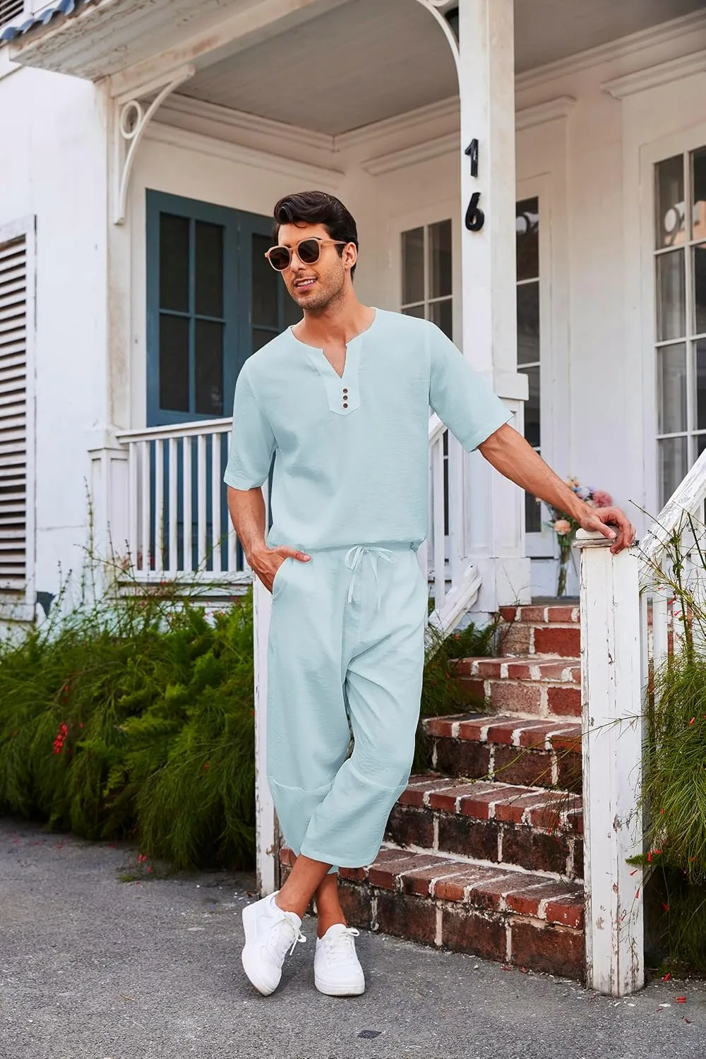 COOFANDY Men's 2 Pieces Linen Set Henley Shirt Short Sleeve and Harem Capri Pants Wide Leg Baggy Beach Yoga Trousers Outfits