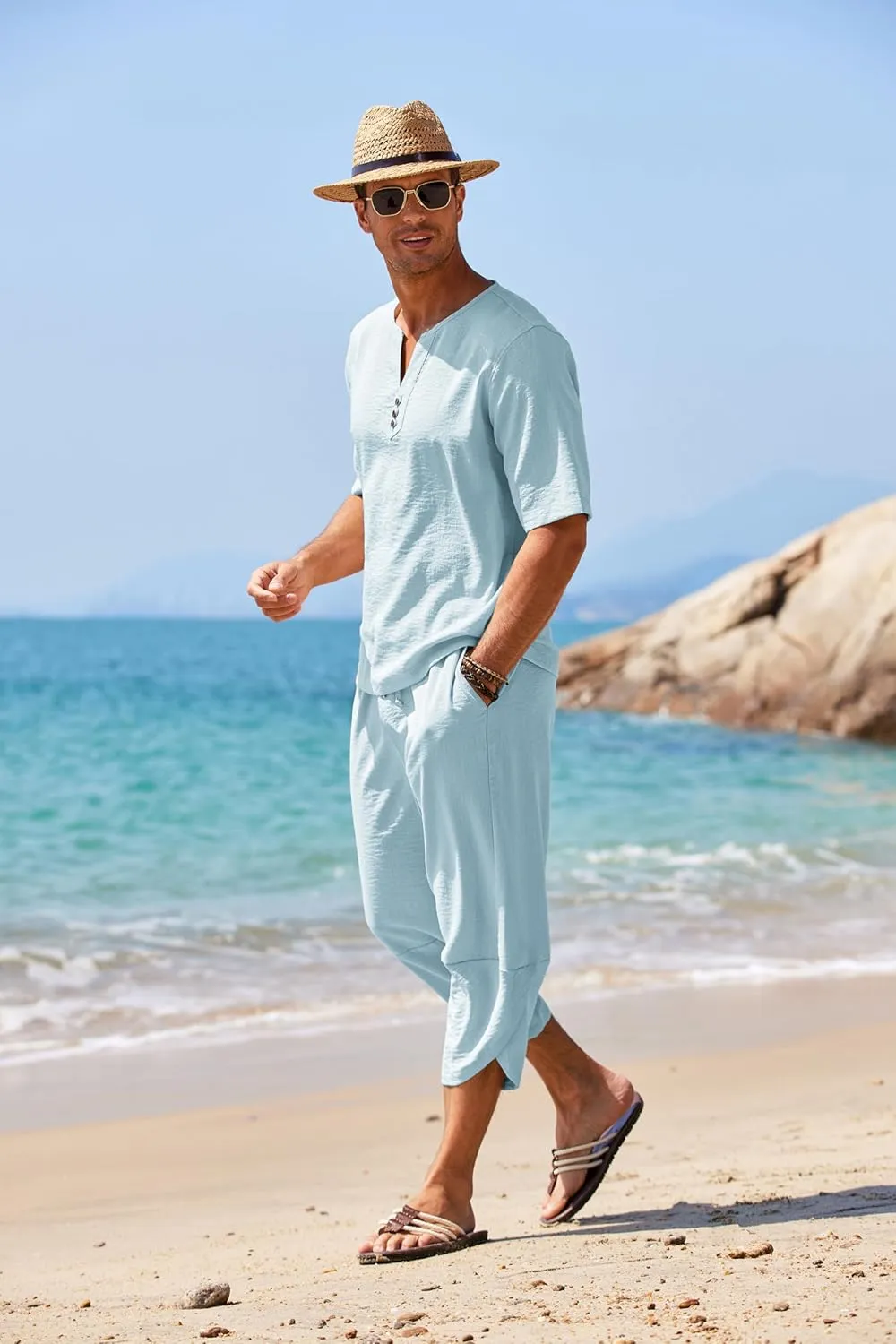 COOFANDY Men's 2 Pieces Linen Set Henley Shirt Short Sleeve and Harem Capri Pants Wide Leg Baggy Beach Yoga Trousers Outfits
