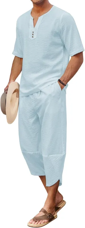 COOFANDY Men's 2 Pieces Linen Set Henley Shirt Short Sleeve and Harem Capri Pants Wide Leg Baggy Beach Yoga Trousers Outfits