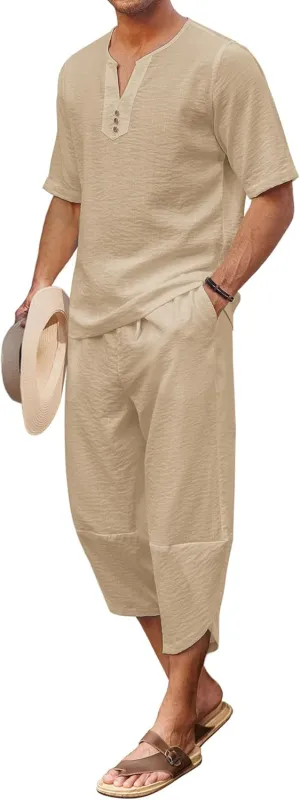 COOFANDY Men's 2 Pieces Linen Set Henley Shirt Short Sleeve and Harem Capri Pants Wide Leg Baggy Beach Yoga Trousers Outfits