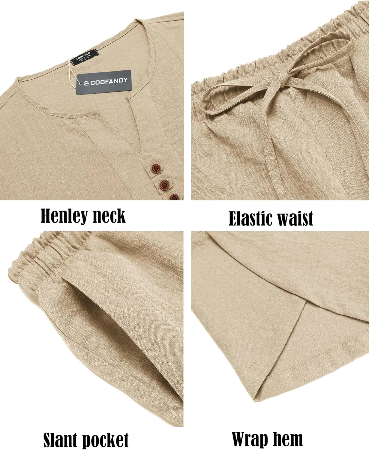 COOFANDY Men's 2 Pieces Linen Set Henley Shirt Short Sleeve and Harem Capri Pants Wide Leg Baggy Beach Yoga Trousers Outfits