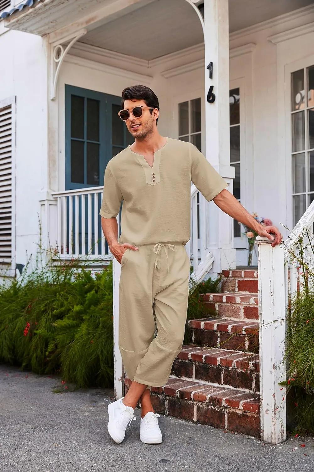 COOFANDY Men's 2 Pieces Linen Set Henley Shirt Short Sleeve and Harem Capri Pants Wide Leg Baggy Beach Yoga Trousers Outfits