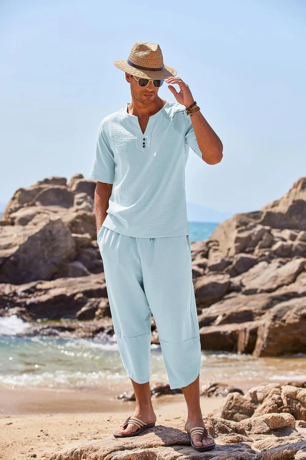 COOFANDY Men's 2 Pieces Linen Set Henley Shirt Short Sleeve and Harem Capri Pants Wide Leg Baggy Beach Yoga Trousers Outfits