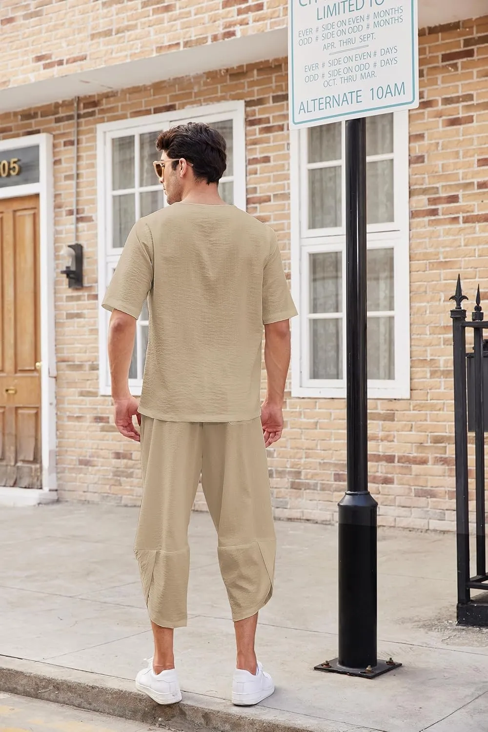 COOFANDY Men's 2 Pieces Linen Set Henley Shirt Short Sleeve and Harem Capri Pants Wide Leg Baggy Beach Yoga Trousers Outfits