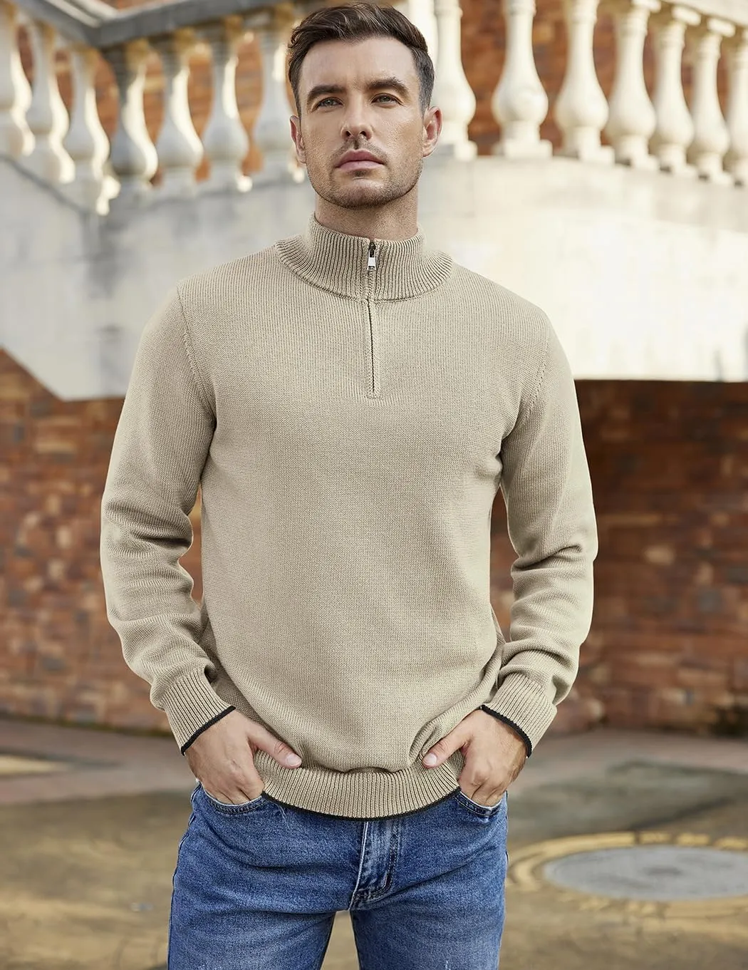 COOFANDY Men's Quarter Zip Up Pullover Slim Fit Lightweight Mock Neck Long Sleeve Sweaters