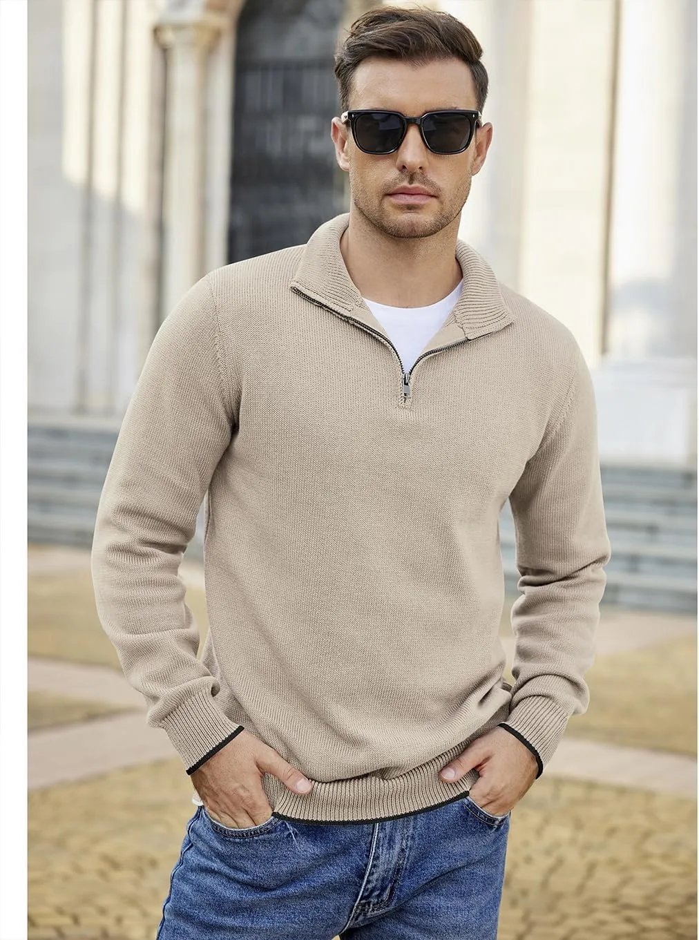 COOFANDY Men's Quarter Zip Up Pullover Slim Fit Lightweight Mock Neck Long Sleeve Sweaters