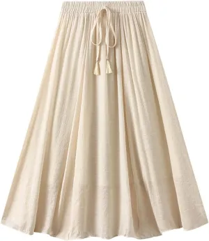 Cotton Linen Skirts for Women Stretchy High Waisted A Line Skirts Vintage Solid Color Drawstring Swing Midi Skirt