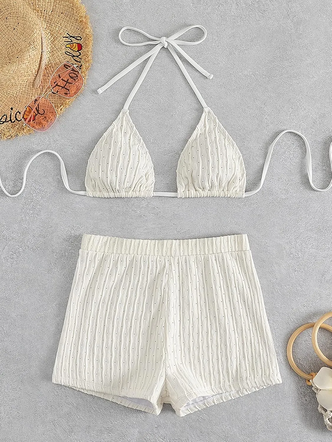 COZYEASE Women's 2 Piece Swimsuits Halter Triangle Top with High Waisted Shorts Bathing Suits Bikini Sets