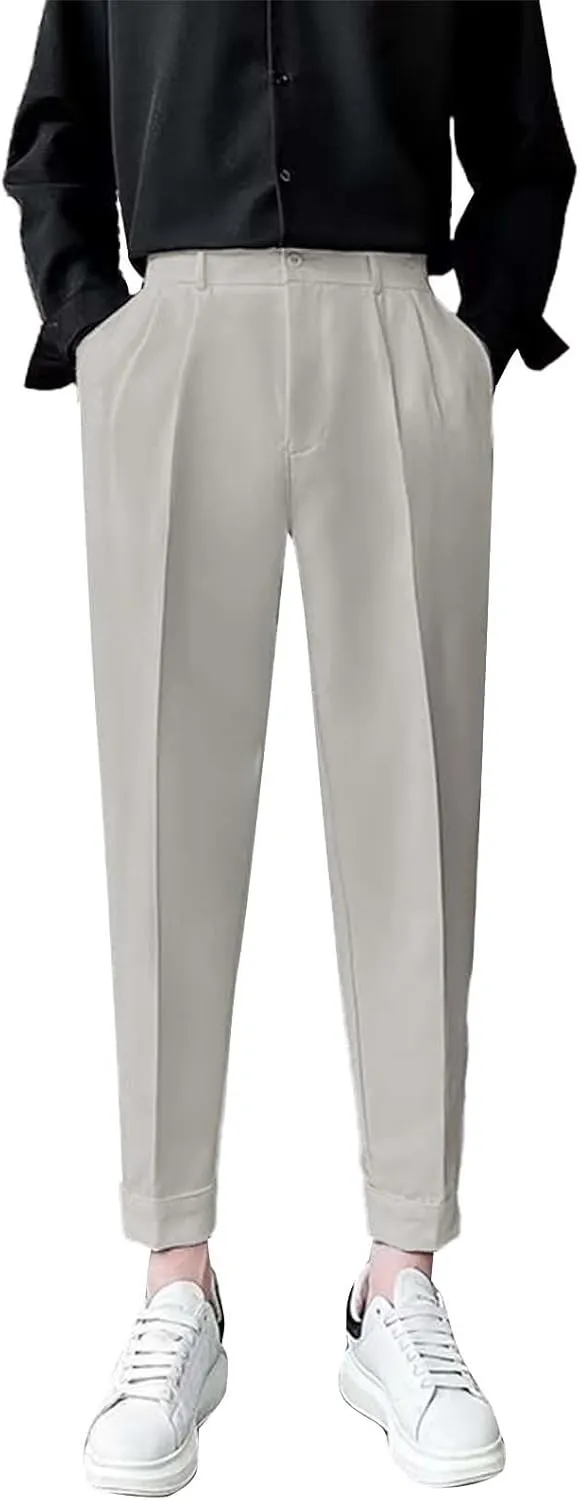 CRNTCEM Mens Straight Anckle Pants Spring Fall Flat-Front Formal Dress Pants Tapered Leg Casual Business Work Harem Trousers