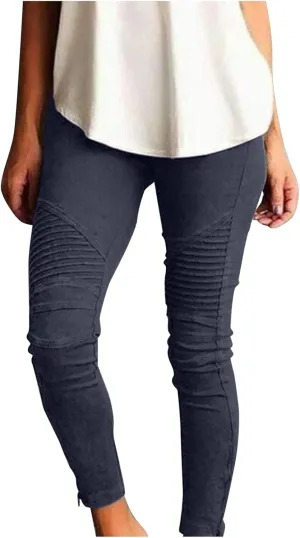 CRNTCEM Womens Cotton Moto Leggings High Waist Stretch Skinny Motorcycle Biker Pants Ankle Zipper Pleated Pull-On Pencil Pant