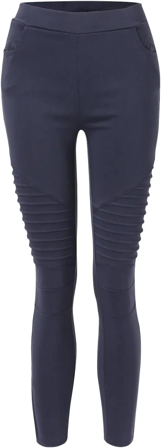 CRNTCEM Womens Cotton Moto Leggings High Waist Stretch Skinny Motorcycle Biker Pants Ankle Zipper Pleated Pull-On Pencil Pant