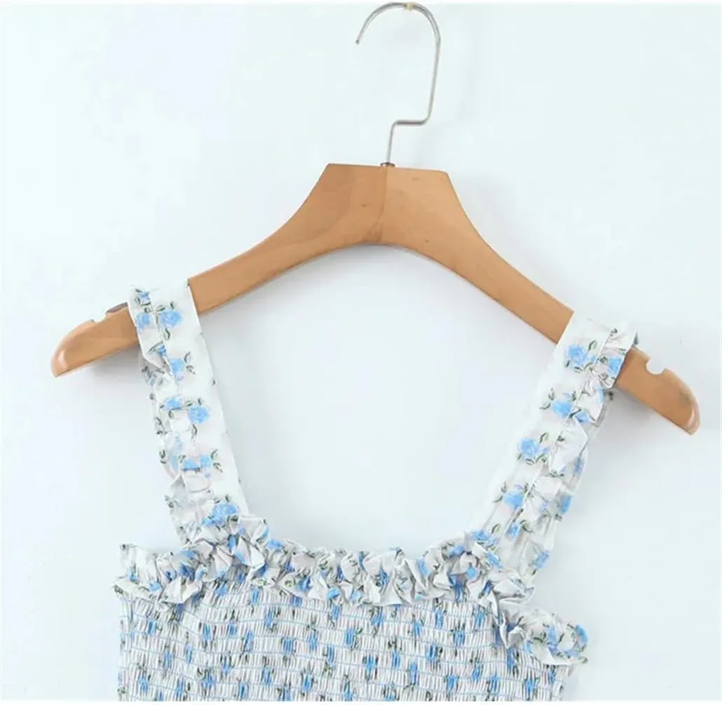 DBFBDTU Slip Dress for Women Floral Print Elastic Tight Mini Dress Ruffles Backless Straped Dresses