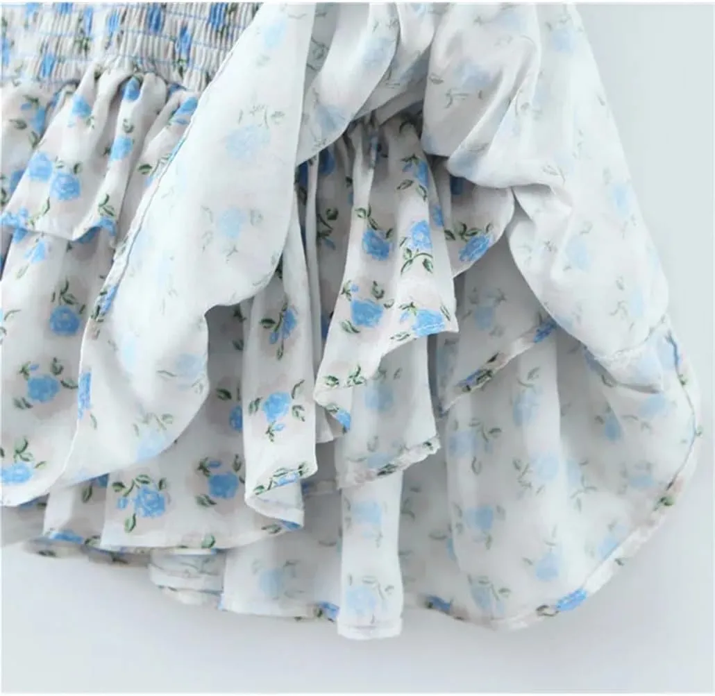 DBFBDTU Slip Dress for Women Floral Print Elastic Tight Mini Dress Ruffles Backless Straped Dresses