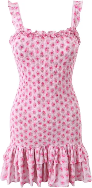 DBFBDTU Slip Dress for Women Floral Print Elastic Tight Mini Dress Ruffles Backless Straped Dresses
