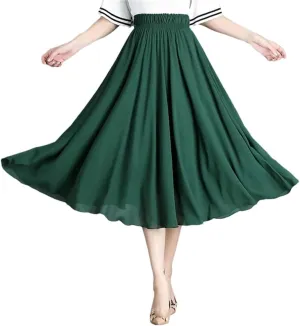 DBFBDTU Women Solid Color Elastic High Waist Chiffon Midi Skirts Office Lady Loose Pleated Skirts Summer