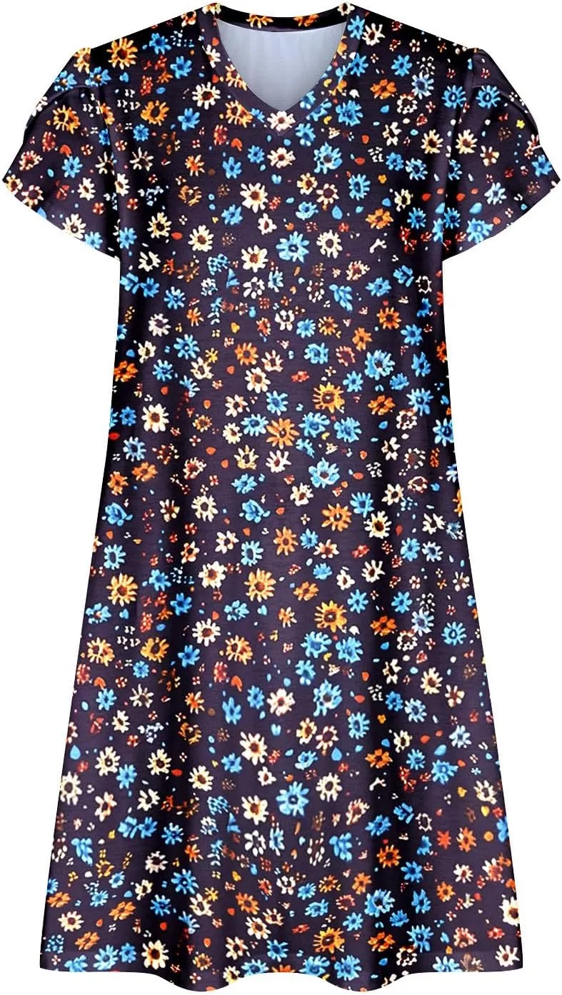 Dresses for Women 2025 Casual Spring Short Sleeve Floral Print Sundress Vacation Loose V-Neck Beach Dress with Pocket
