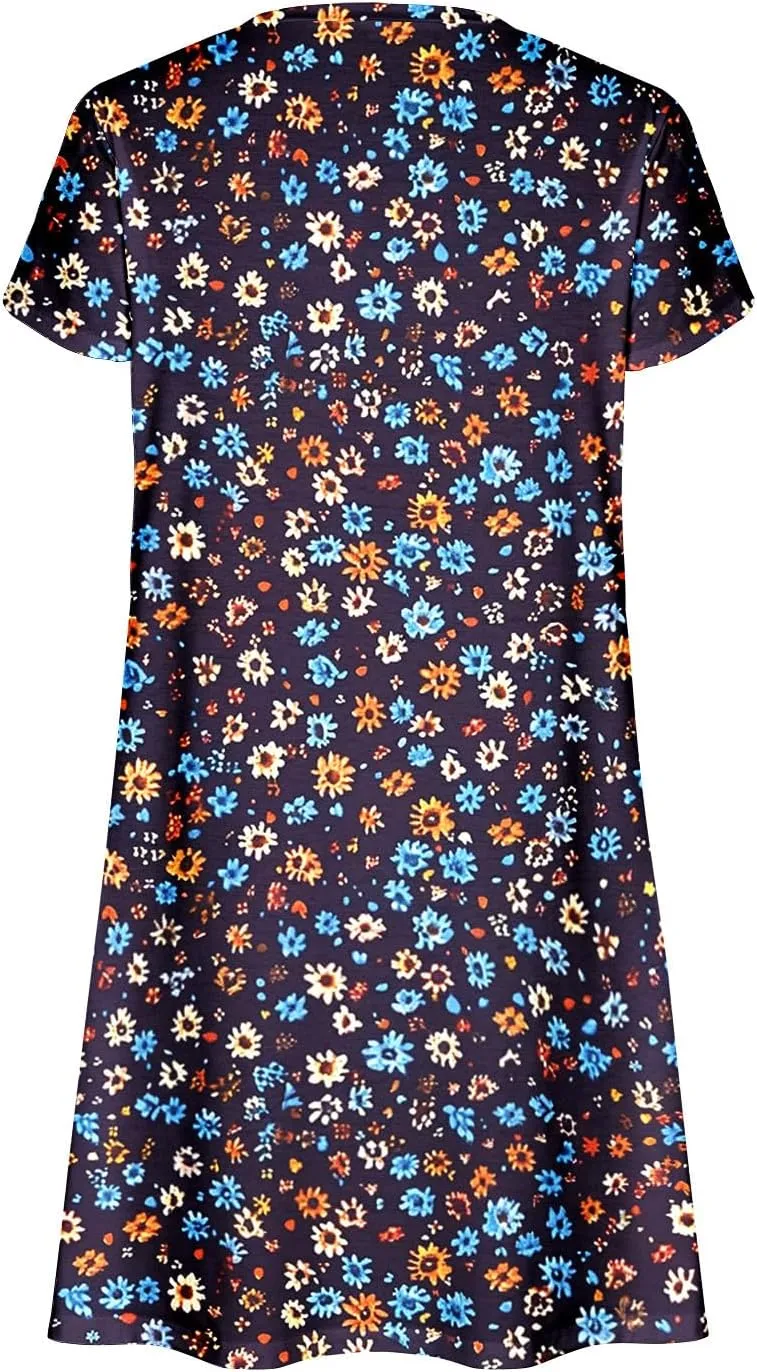 Dresses for Women 2025 Casual Spring Short Sleeve Floral Print Sundress Vacation Loose V-Neck Beach Dress with Pocket