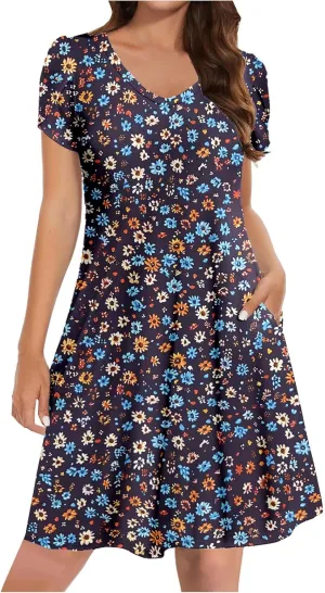 Dresses for Women 2025 Casual Spring Short Sleeve Floral Print Sundress Vacation Loose V-Neck Beach Dress with Pocket