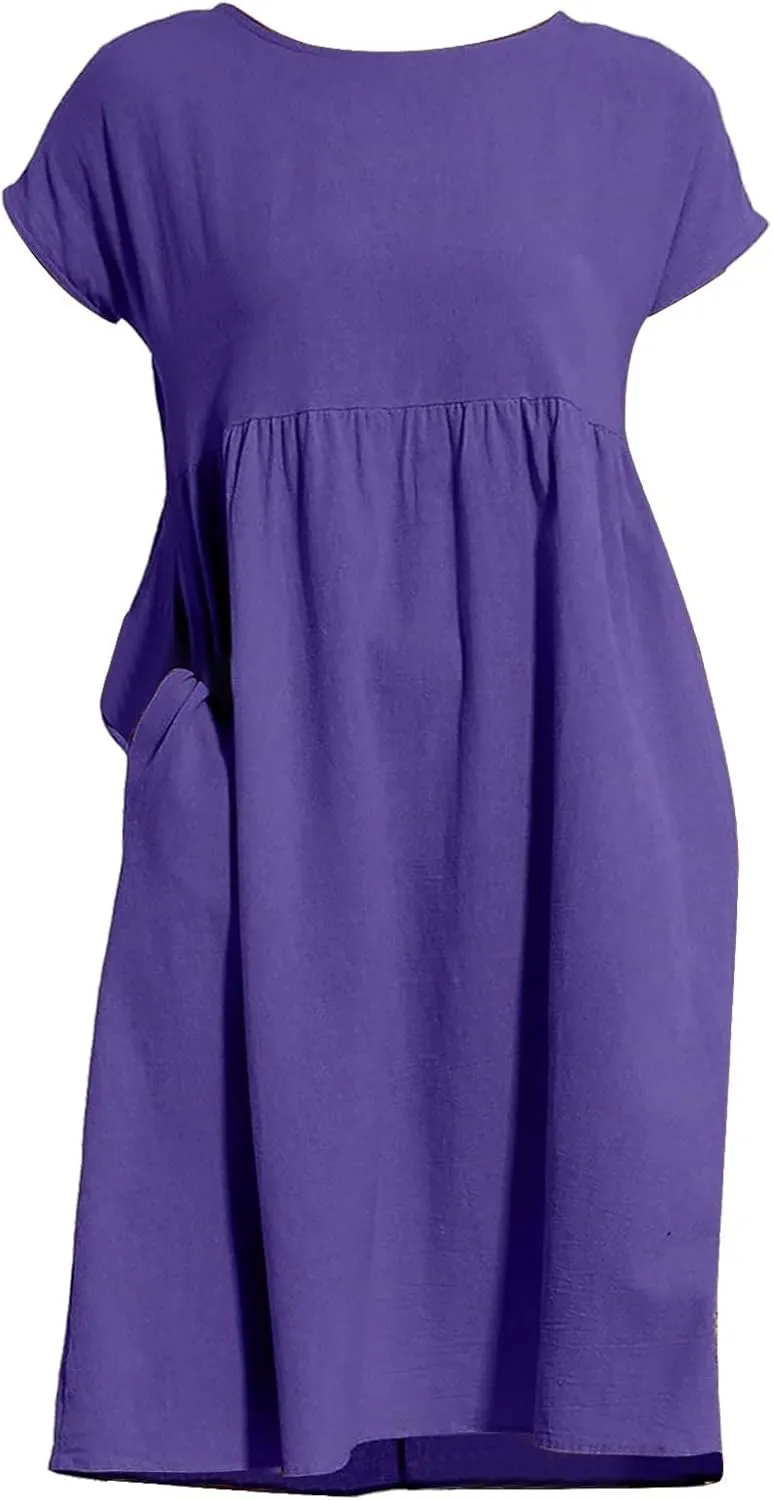 Dresses for Women Summer Plus Size Linen Short Sleeve Midi Dress Casual 2024 Beach Vacation Sundress with Pockets