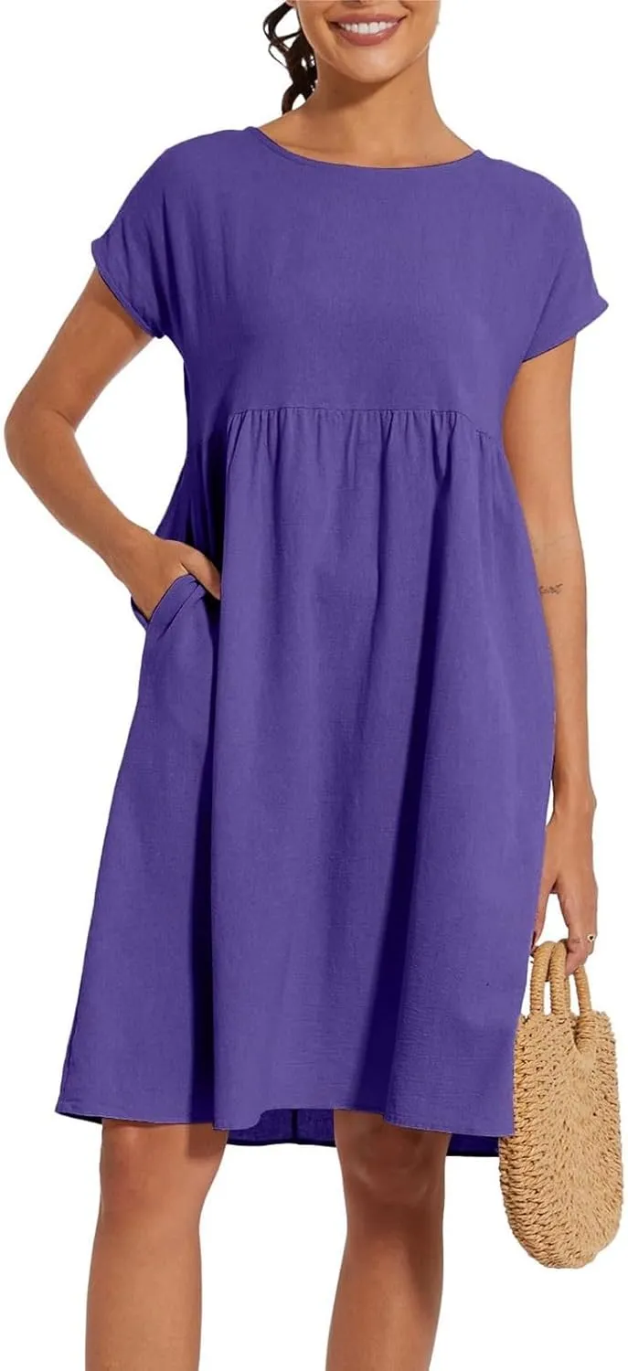 Dresses for Women Summer Plus Size Linen Short Sleeve Midi Dress Casual 2024 Beach Vacation Sundress with Pockets