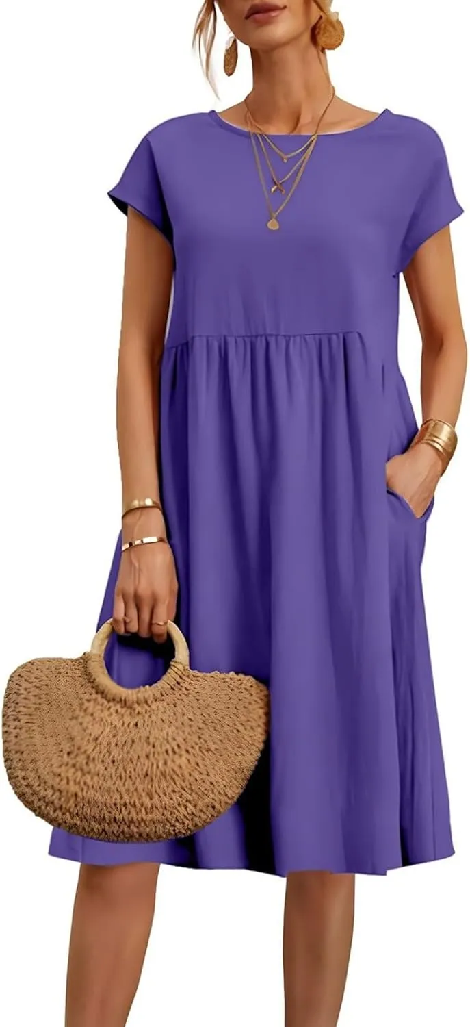 Dresses for Women Summer Plus Size Linen Short Sleeve Midi Dress Casual 2024 Beach Vacation Sundress with Pockets