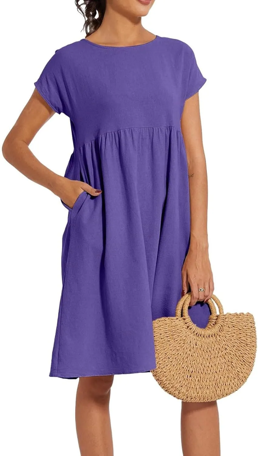 Dresses for Women Summer Plus Size Linen Short Sleeve Midi Dress Casual 2024 Beach Vacation Sundress with Pockets