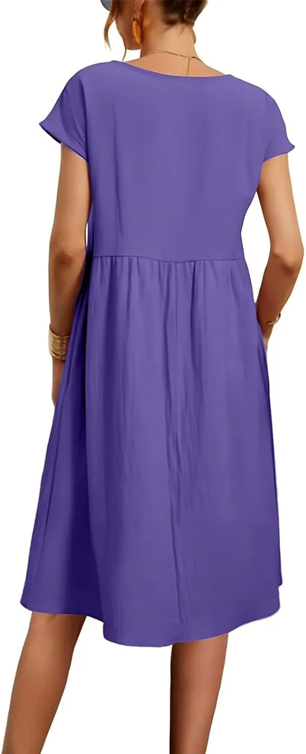 Dresses for Women Summer Plus Size Linen Short Sleeve Midi Dress Casual 2024 Beach Vacation Sundress with Pockets