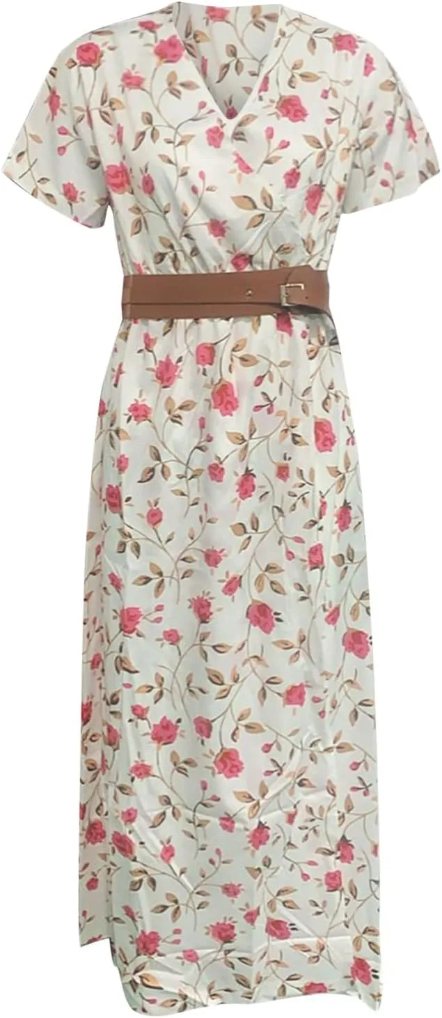 Eduavar Summer Dresses for Women 2024, Boho Dresses for Women 2024 Floral Print Long Dress Sexy V Neck Short Sleeveless Dress