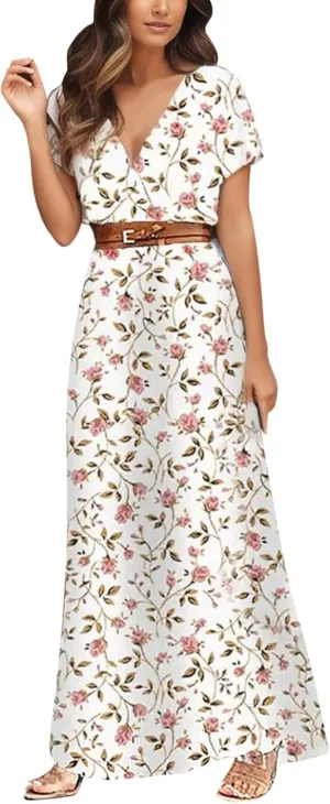 Eduavar Summer Dresses for Women 2024, Boho Dresses for Women 2024 Floral Print Long Dress Sexy V Neck Short Sleeveless Dress