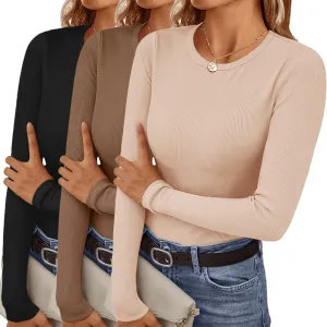 Ekouaer Women's Long Sleeve Shirts 3 Packs Crew Neck Stretchy Fitted Tops Ribbed Base Layer Soft Thermal Undershirts Tee