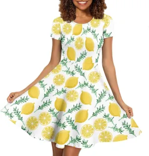 ENLACHIC Women's Summer Floral Lemon Print Dress Short Sleeve Swing T Shirt Midi Dresses