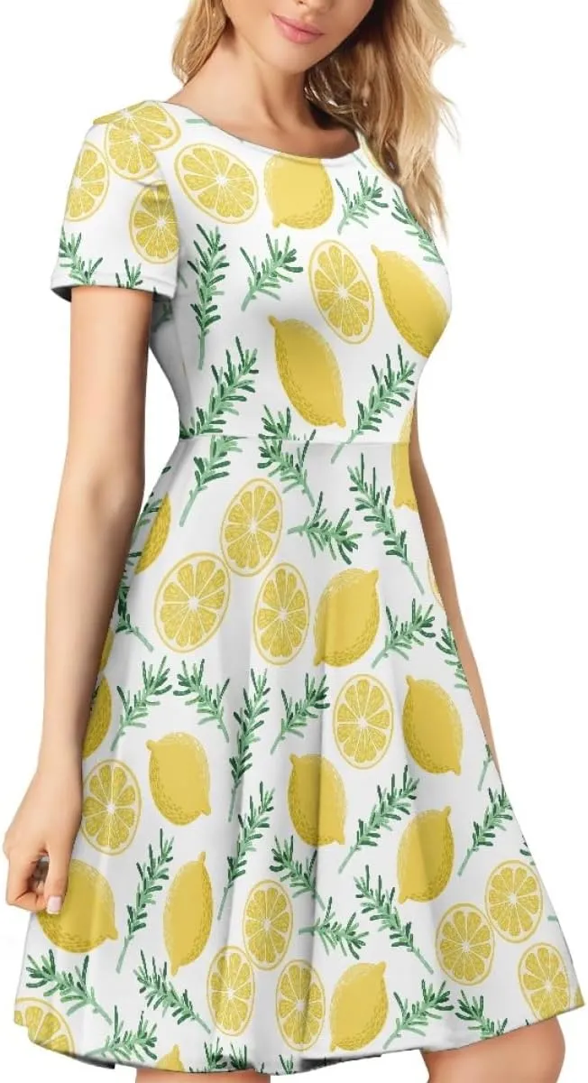 ENLACHIC Women's Summer Floral Lemon Print Dress Short Sleeve Swing T Shirt Midi Dresses