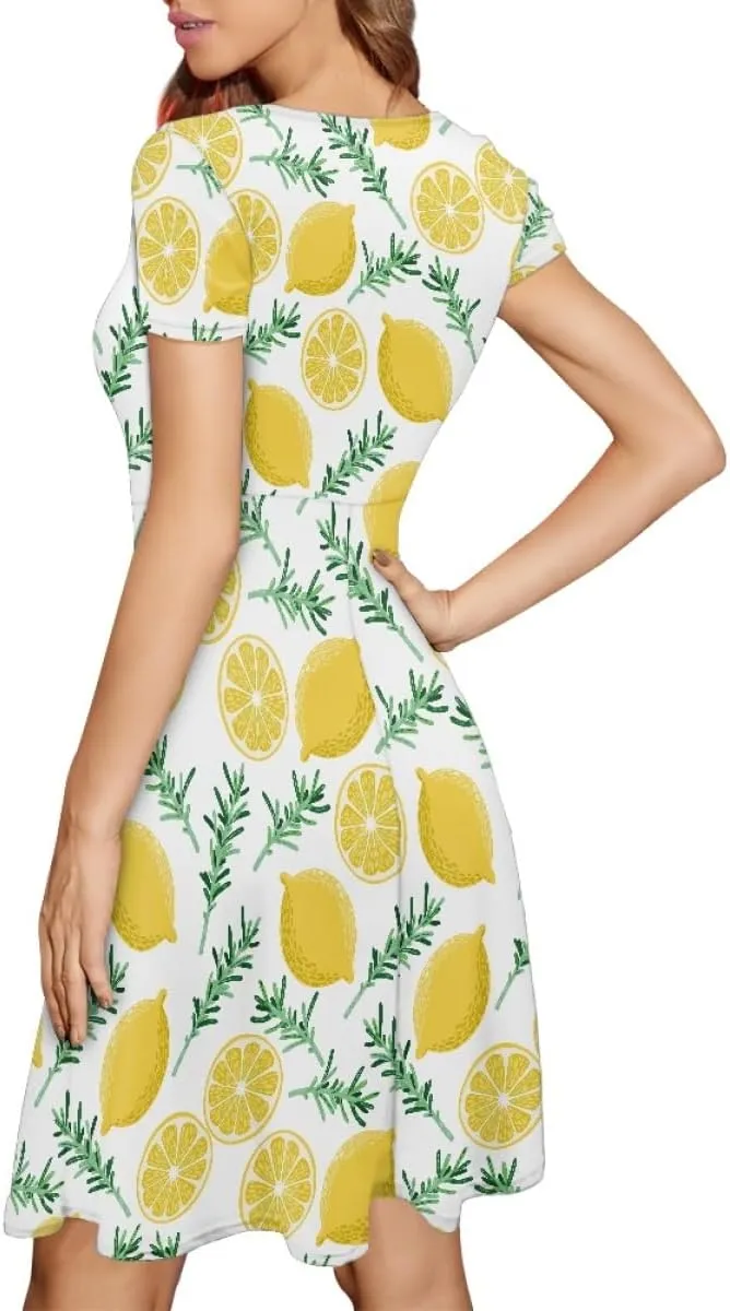 ENLACHIC Women's Summer Floral Lemon Print Dress Short Sleeve Swing T Shirt Midi Dresses